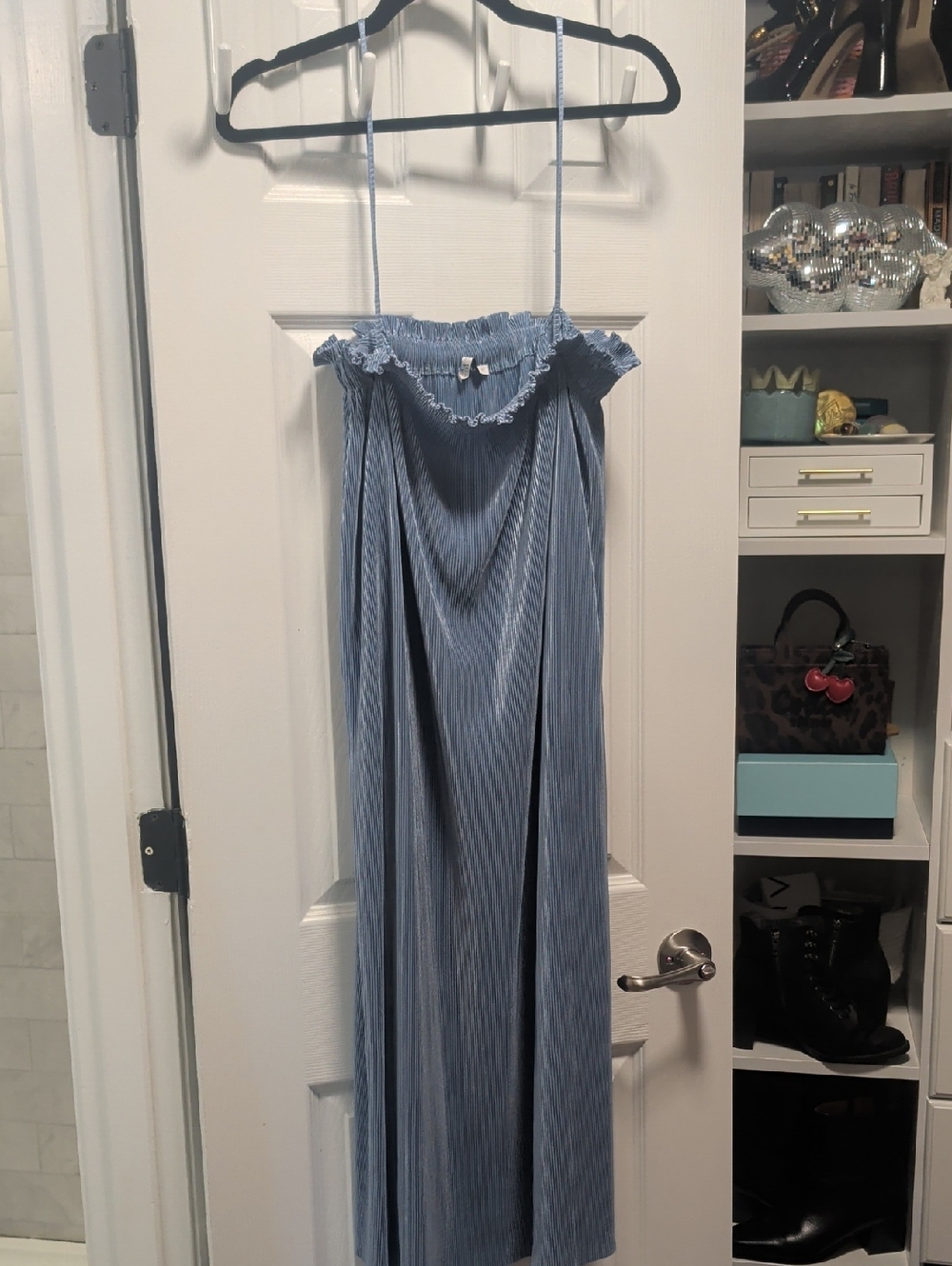 Zara Light Blue Plisse Spaghetti Strap Dress